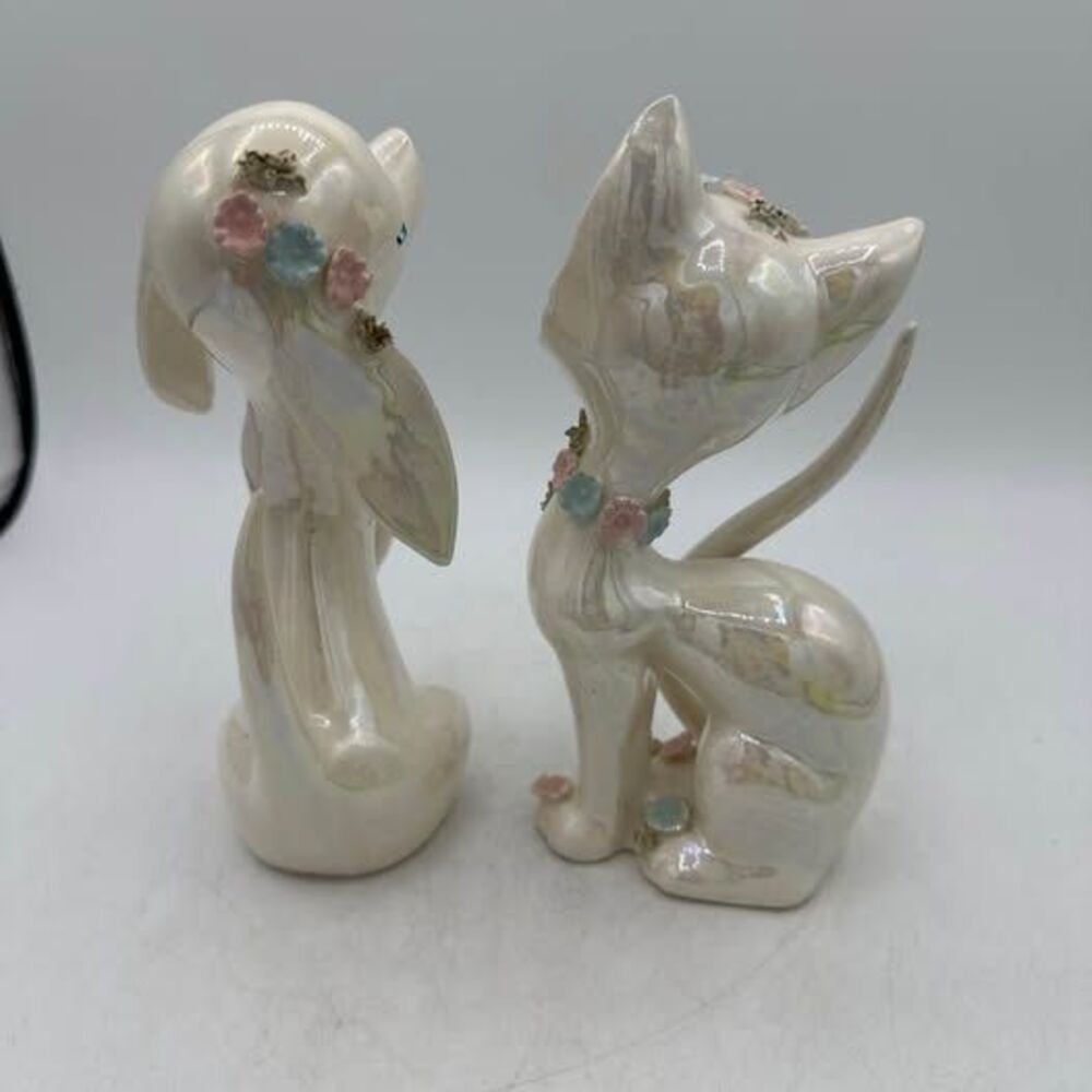 Vintage Lefton Dog Cat Iridescent Figurines Figure Spaghetti Flowers Floral - Picture 6 of 10